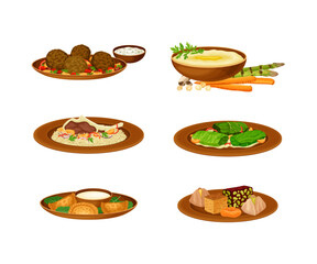 Wall Mural - Arabiccuisine traditional food dishes and desserts set cartoon vector illustration