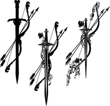 Fairy Tale Elf Archer Bow, Arrows And Sword Among Rose Flowers Design Set - Vector Legendary Robin Hood Weapon Decorative Outline Collection