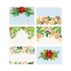 Wall Mural - Merry Christmas cards set. Party invitation, banner, winter holiday greeting card with green fir tree branches, gingerbreads, poinsettia flowers and place for text vector illustration
