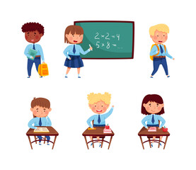 Wall Mural - Back to school. Little children in uniform learning at school cartoon vector illustration