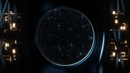 Wall Mural - View of a round window with moving stars background  seen from inside a spaceship or sci-fi environment location with cables, light panels and moving illuminations. Looping video. 3D rendering