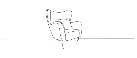 Aufkleber - One continuous line drawing of armchair. Modern rustic furniture for living room interior in simple linear style. Editable stroke. Doodle Vector illustration