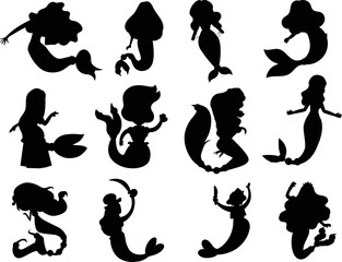 Wall Mural - Collection Mermaids isolated vector Silhouettes