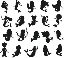 Wall Mural - Big Collection Cute Mermaidy flat isolated vector Silhouettes