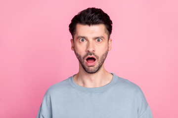 Wall Mural - Portrait of shocked speechless person open mouth cant believe staring isolated on pink color background