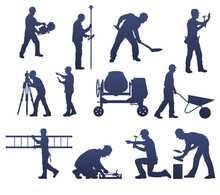 Set Of Silhouettes Of Working Builders