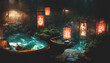 Fantasy Japanese landscape spa. Japanese hot springs, ancient architecture. 3D illustration.