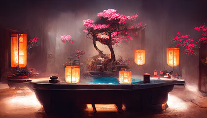 Poster - Fantasy Japanese landscape spa. Japanese hot springs, ancient architecture. 3D illustration.