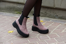 Women's Autumn Pink Suede Ankle Boots. Side View. Fashion Shoes. Outdoors