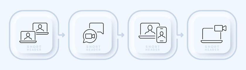 Wall Mural - Online conferences set icon. Laptop, camera, phone, employee, student, webinar, lecture, remote work, distance learning. Communication concept. Neomorphism style. Vector line icon fo Advertising