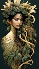 Beautiful seductive dryad. The pagan spirit of the forest. Portrait of a beautiful dryad.