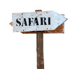 Direction sign, white arrow pointing right with safari written on it with black paint transparent