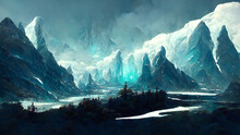 Fantastic Winter Epic Landscape Of Mountains. Celtic Medieval Forest. Frozen Nature. Glacier In The Mountains. Mystic Valley. Artwork Sketch. Gaming RPG Background. Game Asset 
