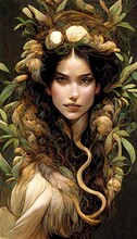 Beautiful Seductive Dryad. The Pagan Spirit Of The Forest. Portrait Of A Beautiful Dryad.