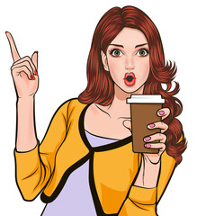 pop art comics cartoon expression character with cup of coffee,beverage