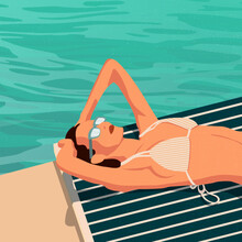 Girl By The Pool. Retro Style. Vector Illustration. For Banner, Postcard, Frame