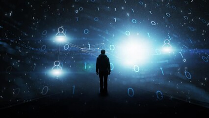 Wall Mural - man silhouette in dark blue digital binary data cyberspace.