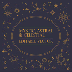 Wall Mural - astral celestial frame with stars, hands, sun, moon phases, and copy space. mystic design. ornate ma