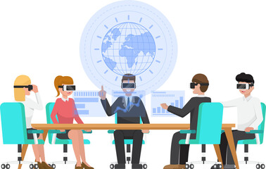 Wall Mural - Business people wear vr glasses in virtual reality conference. Business and technology concept