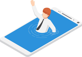 Wall Mural - Flat 3d isometric businessman drowning in smartphone. Smartphone or mobile addiction concept.