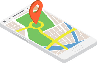 Sticker - Flat 3d isometric smartphone with pinpoint on the map application. Mobile gps map navigation concept.
