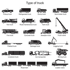 Detailed icons of truck of different types. Vector illustration