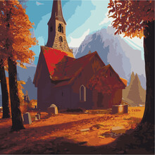 Catholic Church Vector Illustration In Gothic Style In Autumn Forest. Vector Freehand Drawing In Vintage Style. Old Church, Trees, Forest. Concept For Halloween Holiday.