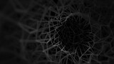 Fototapeta Dmuchawce - Black abstract metaverse warped mesh grid wallpaper background. Elegant minimal subtle dark grey geometric low poly cyberspace line shapes backdrop. Technology or luxury concept 3D fractal rendering.