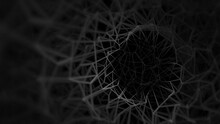 Black Abstract Metaverse Warped Mesh Grid Wallpaper Background. Elegant Minimal Subtle Dark Grey Geometric Low Poly Cyberspace Line Shapes Backdrop. Technology Or Luxury Concept 3D Fractal Rendering.