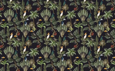 Wall Mural - exotic jungle wallpaper design, palm trees, repeating pattern, parrots, mural, art.