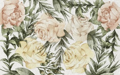 Wall Mural - scandinavian style wallpaper design, pastel soft tones, powder pink roses, yellow roses, watercolor 