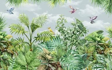 Wall Mural - forest scenery wallpaper design with watercolor effect, green background, colorful birds, spring the
