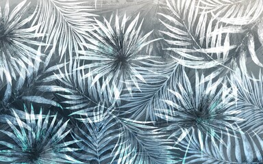 Wall Mural - large tropical leaves, exotic wallpaper design, blue monochrome, pointed leaves, palm leaves, waterc