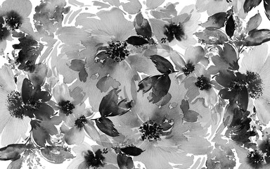 Wall Mural - watercolor flowers wallpaper design, black and white, pattern design, rose and leaf, mural art.