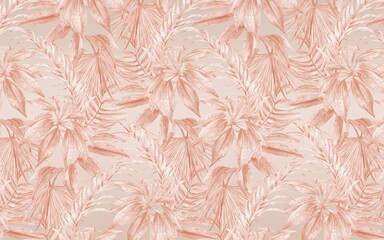 pattern with pink plants, pastel tone, wallpaper design, mural art.