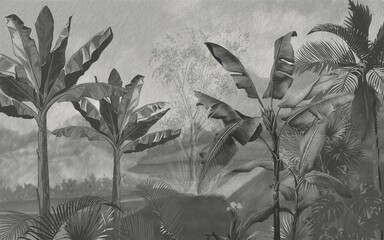 Wall Mural - tropical wallpaper design, banana trees, landscapes, mural art.