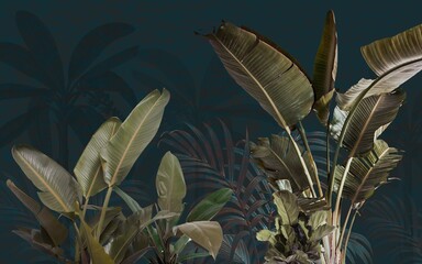 Wall Mural - tropical plants banana trees wallpaper design, dark bacground, vintage wallpaper, jungle background,