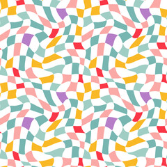 Aufkleber - Colorful Checkered Seamless Pattern. Vector Psychedelic Background in Retro Style. Abstract Groovy Texture. Hippie Vibes 1970 Aesthetics