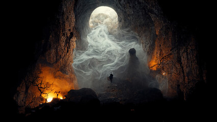 Wall Mural - Scary horror background, spirit, monster, mystic. Halloween wallpapers design. AI.