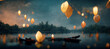 Leinwandbild Motiv A single canoe on a lake glowing paper lanterns falling Digital Art Illustration Painting Hyper Realistic