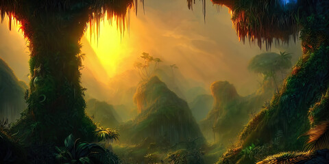 Fantasy neon forest, jungle at sunset. Mystical unreal forest. Beautiful neon landscape. 3D illustration.