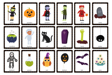 Wall Mural - Halloween flashcards set with cute characters. Big collection with autumn spooky holiday flash cards for kids. Learning English words material. Vector illustration