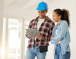 © Anela Ramba/peopleimages.com - Couple planning home renovation job together, construction worker working with woman on maintenance and remodeling of apartment. Contractor and builder helping with interior design of family home