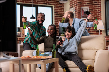 Poster - Happy friends playing video games and celebrating victory with beer bottles and pizza at fun gathering. Enjoying hangout at house party with group of people, leisure activity and win.