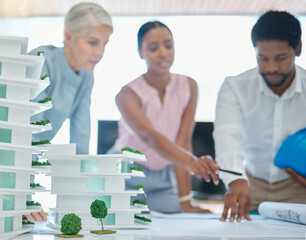 Poster - Architect or engineer team planning and designing a building in a meeting in the office or boardroom. City development planner or architecture group with a 3d model and working on a strategy