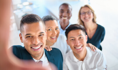 Selfie, collaboration and diversity in a corporate company with a mission and vision for success, growth and innovation. Portrait of happy workers standing together for motivation at team building