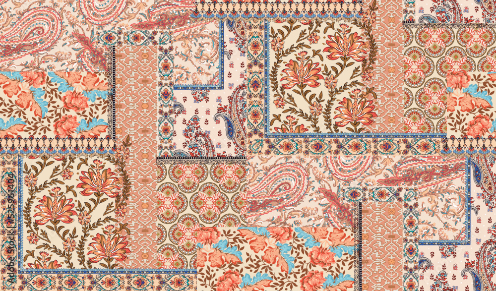 Patchwork Pictures Pattern patchwork floral pattern with paisley and indian flower motifs. damask ...