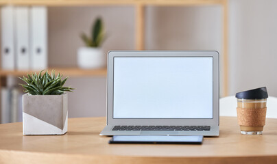 Aufkleber - Mockup laptop, coffee and tablet on desk at home office of freelance SEO, UX or digital social media marketing and advertising freelancer. Internet or online work from home remote workspace