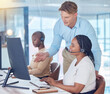 © Sanele G/peopleimages.com - Telemarketing coach and customer support learning with a customer service worker online call. Tech consultant and 5g internet crm call center employee working with a digital web contact us teacher