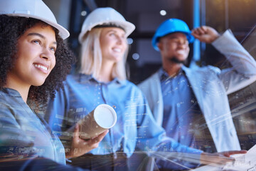 Canvas Print - Diversity, team and blueprint of a group of architect people working on a site plan for construction or building. Business contractors in teamwork, double exposure and overlay with a vision at work.